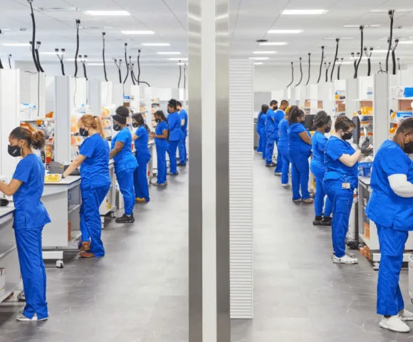 Two rows of pharmacists filling medication